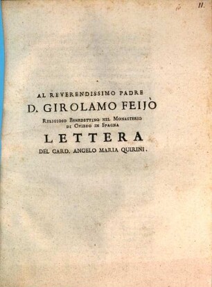 Al reverendissimo Padre D. Girolamo Feijo religioso benedettino nel monasterio di Oviedo in Spagna Lettera