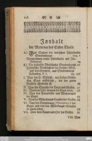 Innhalt der Materien des Ersten Theils.