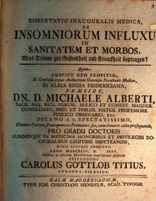 Diss. inaug. med. de insomniorum influxu in sanitatem et morbos, Was Träume zur Gesundheit und Kranckheit beytragen?