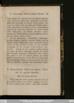 V. Exercitium fidei ex amore Christi in agone mortis.