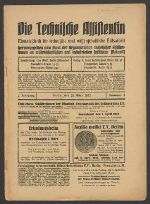 Die Technische Assistentin. Monatsschrift für technische und medizinische Hilfsarbeit. Jahrgang 2 (1922) 3-12