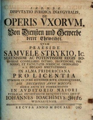 Disp. inaug. de operis uxorum : = Von Diensten und Gewerbe derer Eheweiber