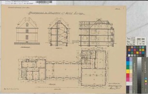 Abfertigungsgebäude des Güterschuppens auf Bahnhof Duisburg, Blatt 2: Grundriß Obergeschoß, Ansicht, Schnitte [2 Exemplare], M. 1:100