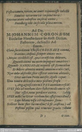 Ad Dn. M. Johannem Coronaeum Ecclesiae Henstedanae in Arct. Dithm. Pastorem, defuncti Ad finem