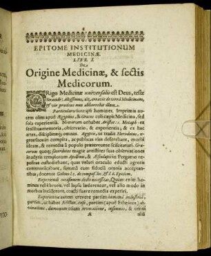 Liber I. De Origine Medicinæ, & sectis Medicorum.