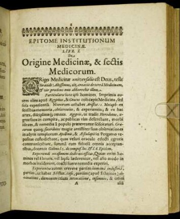 Liber I. De Origine Medicinæ, & sectis Medicorum.