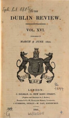 Dublin review : a quarterly and critical journal. 1844,1 = Vol. 16