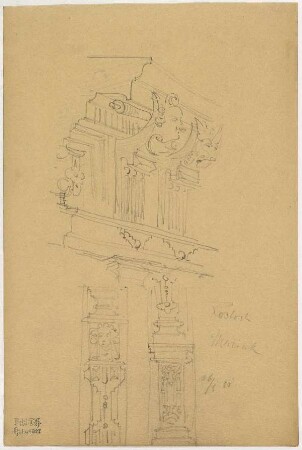 Marienkirche zu Rostock, Gesims mit verzierten Konsolen, Pilaster