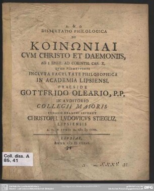 Dissertatio Philologica De Koinōniai Cum Christo Et Daemoniis, Ad 1 Epist. Ad Corinth. Cap. X