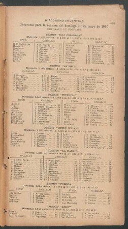 Hipódromo Argentino - Programa para la reunión del domingo 1 de mayo de 1910