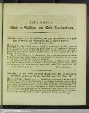 Erster Abschnitt. Gesetze in Geistlichen und Schul-Angelegenheiten