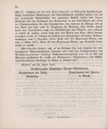36. Ministerial-Bekanntmachung, die Vergütung für den Transport von Korrigenden in das Arbeitshaus Eisenach betreffend