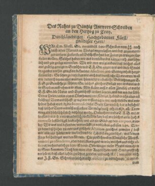 Des Rahts zu Dantzig Antwort-Schreiben an den Hertzog zu Cron.