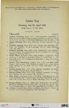 Erster Tag: Dienstag, den 22. April 1941, Beginn 14 Uhr (Nr. 1-183)