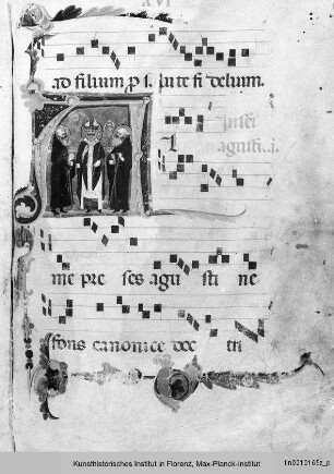Textseite mit Randseitenbordüre, vierzeiligen Neumen und einer historisierten Initiale (A?): Bischof und zwei Mönche - Sequentiae et hymni