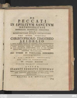 De Peccati In Spiritvm Sanctvm Irremissibilitate