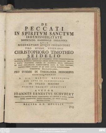De Peccati In Spiritvm Sanctvm Irremissibilitate