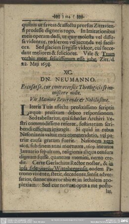 XC. DN. NEUMANNO. Excusat se, cur controversiis Theologicis immiscere nolit