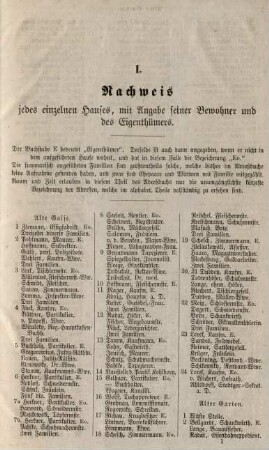 I. Nachweis jedes einzelnen Hauses, mit Angabe seiner Bewohner und des Eigenthümers