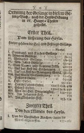 Ordnung der Gesänge in diesem Gesang- Buch, nach der Heyls- Ordnung in IV. Haupt- Theilen getheilt.