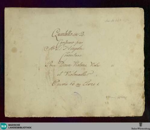 Quartets - Don Mus.Ms. 651 : vl (2), vla, vlc; B|b; Hob III:67