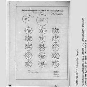 Technische Unterlagen Gläserne Kuh (englisch) - "Beleuchtungsplan Anschluß der Lampenstränge Ilumination Plan Connection Diagram of the Bulp Belts"