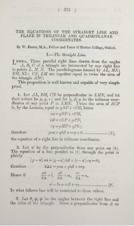 The equations of the straight line and plane in trilinear and quadriplanar coordinates.