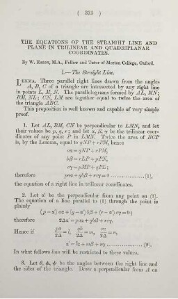 The equations of the straight line and plane in trilinear and quadriplanar coordinates.