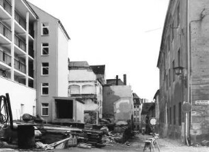 Bautzen, Siebergasse. Blick von der Großen Brüdergasse nach Süden mit Lückenbebauung, Fleischmarkt (Westseite)