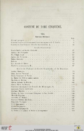 Contenu du tome cinquième