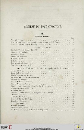 Contenu du tome cinquième