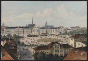 Ansicht vom Augustusplatz in Leipzig, Umrißradierung, um 1840 : Leipzig : Augustusplatz. - [S.l.] , [um 1840]. - 1 Ansicht : Umrißradierung, altkoloriert ; 31 x 21 cm