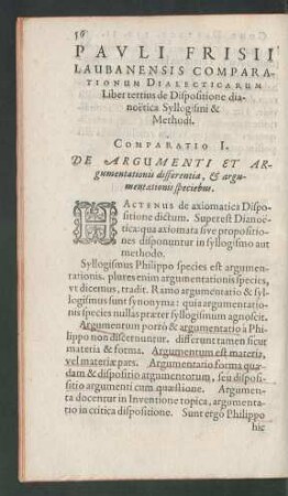 Pauli Frisii Laubanensis Comparationum Dialecticarum Liber tertius de Dispositione dianoetica Syllogismi & Methodi.