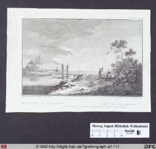 Landschaft mit Fluss und Brücke.