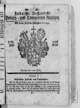 29tes Stück, Ausgabe vom 15. Julii 1768