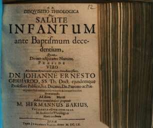 Disquisitio theologica de salute infantum ante baptismum decedentium