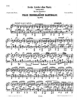 Felix Mendelssohn-Bartholdys Werke, 11,82. Nr. 82, Sechs Lieder ohne Worte : achtes Heft ; op. 102. - 11 S. - Pl.-Nr. M.B.82
