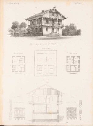 Forsthaus, Heinrichau: Grundrisse, Perspektivische Ansicht, Querschnitt, Details (aus: Architektonisches Skizzenbuch, H. 6, 1852)