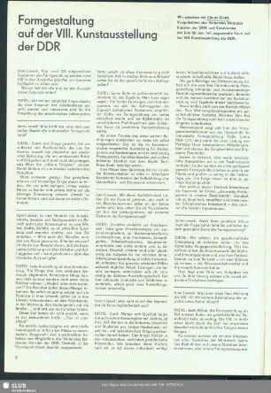 Formgestaltung auf der VIII. Kunstausstellung der DDR (Interview)