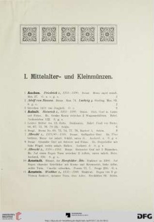 I. Mittelalter- und Kleinmünzen (Nr. 1-520)