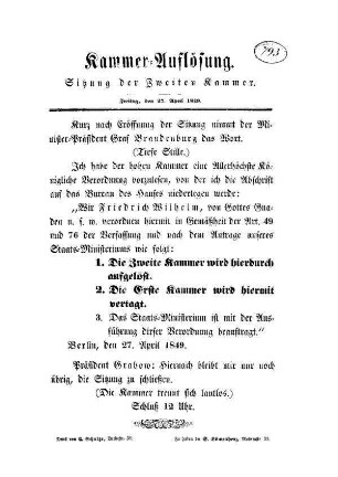 Kammer=Auflösung. Sitzung der Zweiten Kammer.