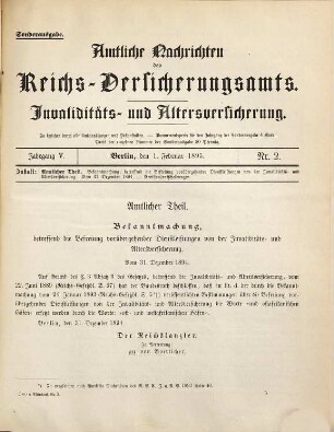 Amtliche Nachrichten des Reichs-Versicherungsamts. Sonderausgabe : Invaliditäts- und Altersversicherung. 5. 1895, Anzeigeblatt