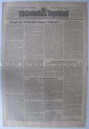 Tageszeitung der LDPD Sachsen "Sächsisches Tageblatt" mit einem Leitartikel von Johannes Dieckmann zur Haltung der Partei in der Deutschlandpolitik