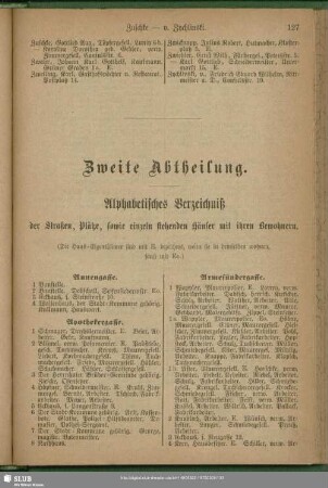 Zweite Abtheilung. Häuserbuch : Zweite Abtheilung. Alphabetisches Verzeichniß der Straßen, Plätze, sowie einzeln stehenden Häuser mit ihren Bewohnern