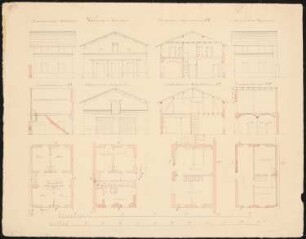 Zweigeschossiges Gärtnerhaus, Stallgebäude und Wagenremise: Ansichten, Schnitte, vier Grundrisse