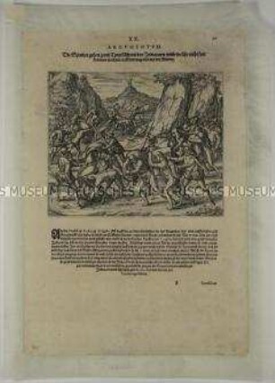 Die Spanier gehen tyrannisch mit den Indianern um, die mit ihren Bürden nicht vorankommen auf dem Weg - Illustration aus de Bry, Große und Kleine Reisen (Peru XX/20)