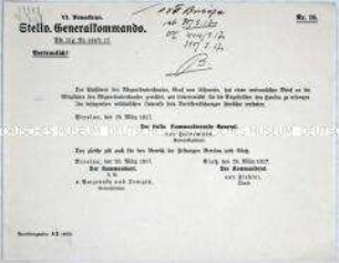 Rundschreiben des stellvertretenden Generalkommandos des VI. Armeekorps zum Bedarf von Lebensmitteln für Mitglieder des Abgeordnetenhauses