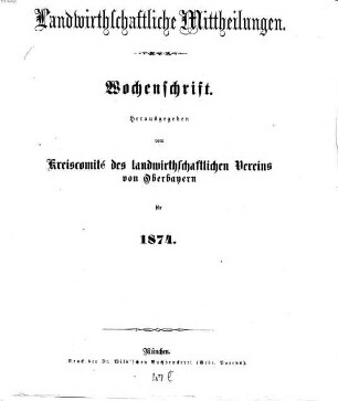 Landwirthschaftliche Mittheilungen : für das Jahr ... ; Wochenschrift. 9. 1874