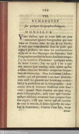 VIII. Remarques sur quelques Georgraphes Francois