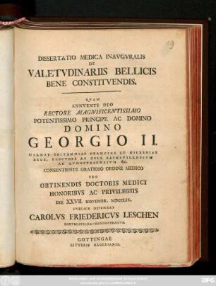Dissertatio Medica Inavgvralis De Valetvdinariis Bellicis Bene Constitvendis